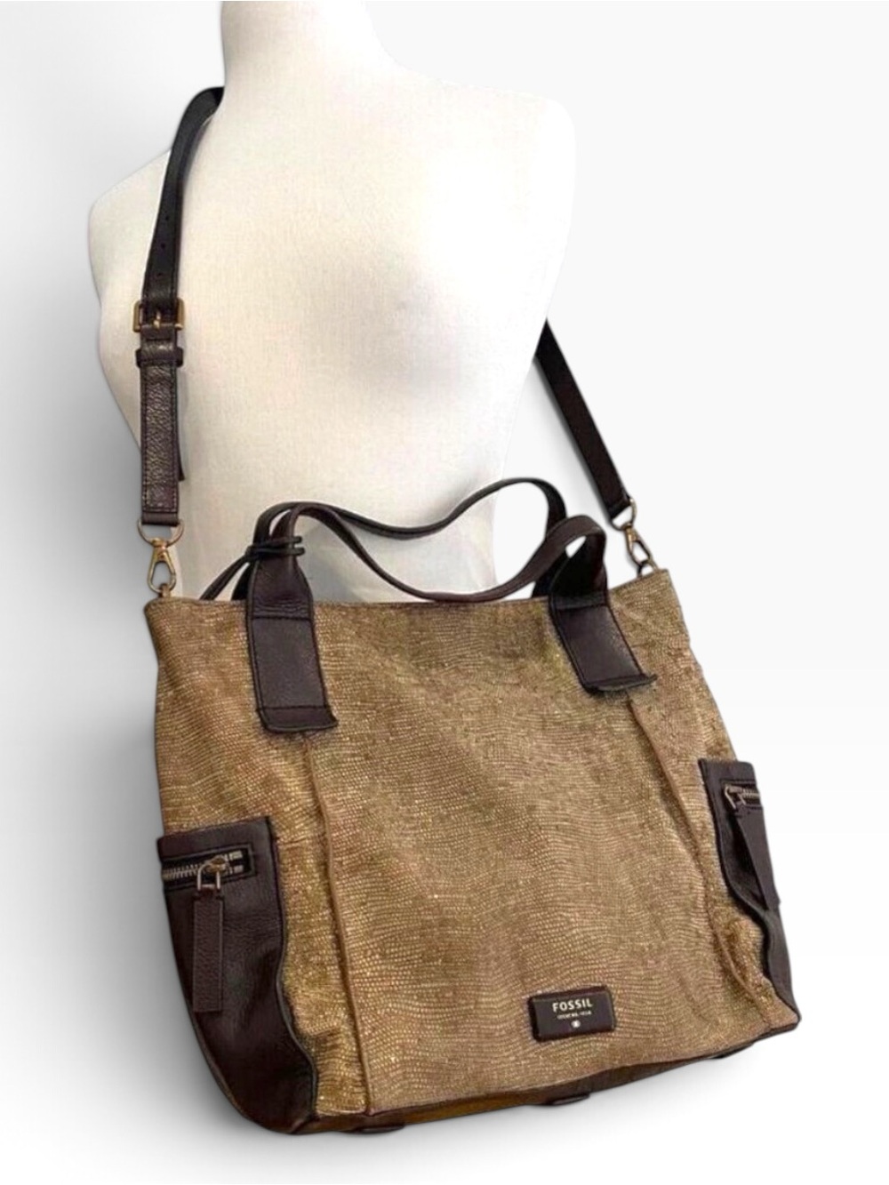 Fossil Metallic Leather Crossbody Bag Brown Bronze Zip Pocket Boho Everyday Tote